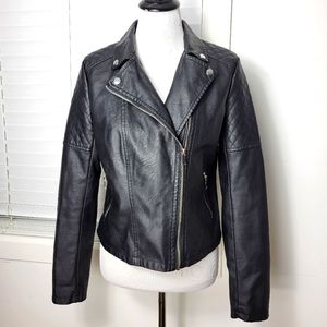 Boohoo pu leather moto biker jacket XL quilted zipper pockets lined